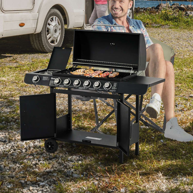 Gas grill with 6 burners, side burner, storage cabinet