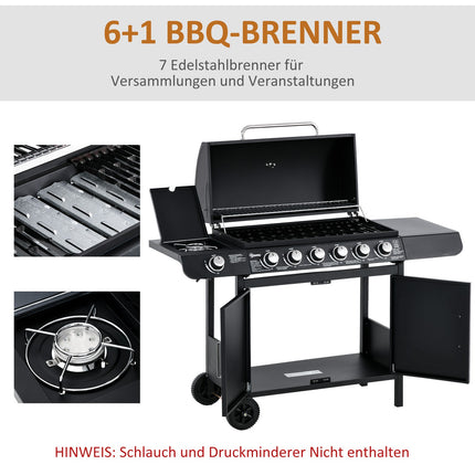 Gas grill with 6 burners, side burner, storage cabinet