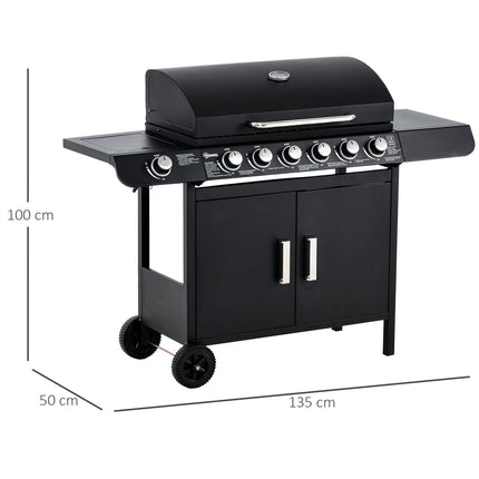 Gas grill with 6 burners, side burner, storage cabinet