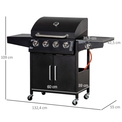 Gas grill BBQ, 3 burners, mobile cart with side table