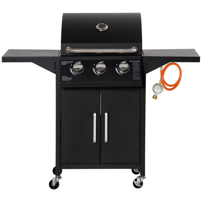 3-burner gas grill, mobile cart, steel, with side table