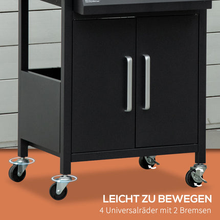 3-burner gas grill, mobile cart, steel, with side table