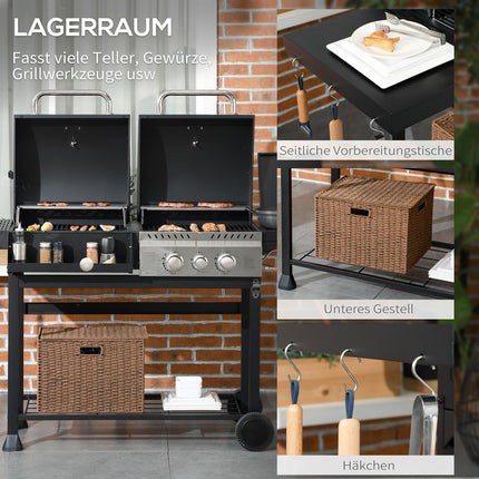 Gas barbecue cart with 3 burners, thermometer, shelves