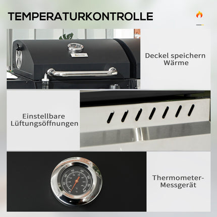 Gas barbecue cart with 3 burners, thermometer, shelves