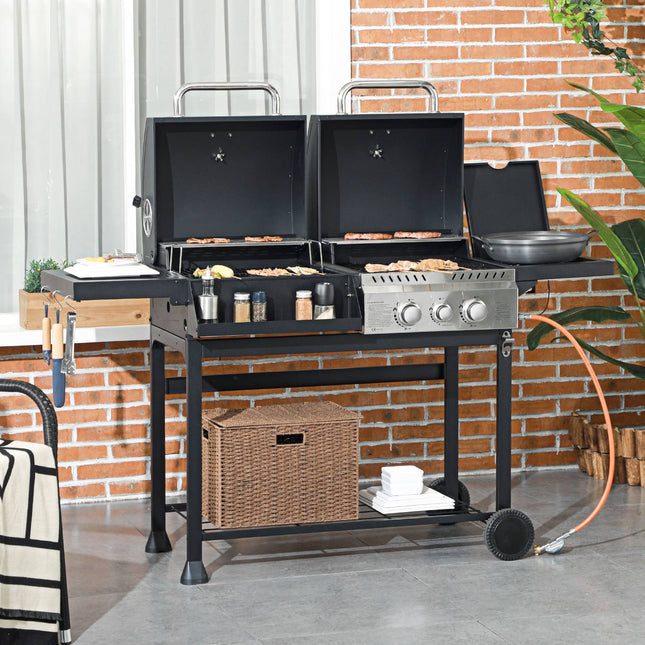 Gas barbecue cart with 3 burners, thermometer, shelves