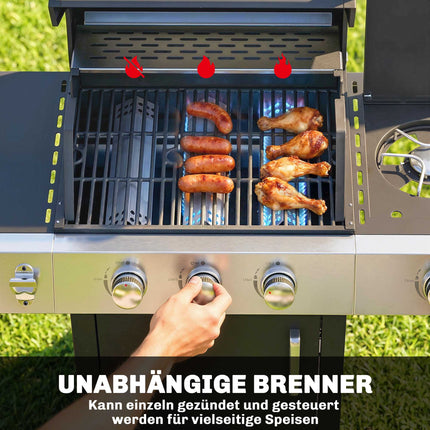 Gas Grill with 3 Burners, Side Burner, Cast Iron Grates