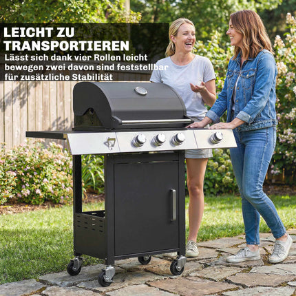Gas Grill with 3 Burners, Side Burner, Cast Iron Grates