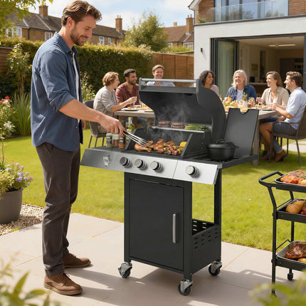 Gas Grill with 3 Burners, Side Burner, Cast Iron Grates