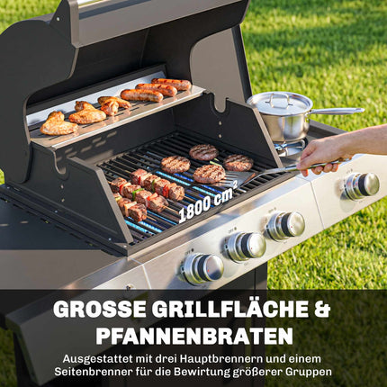 Gas Grill with 3 Burners, Side Burner, Cast Iron Grates