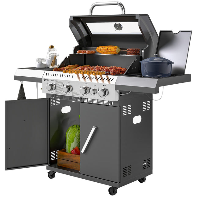 Gas grill cart - 5 burners, thermometer, side shelves