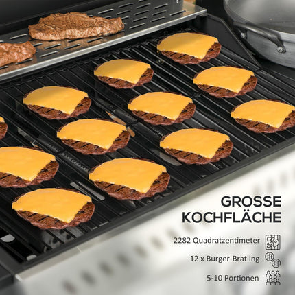 Gas grill with 3 burners in stainless steel with side burners and shelves