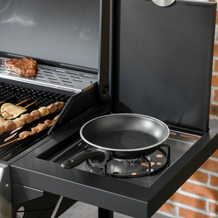 Gas grill with 3 burners in stainless steel with side burners and shelves