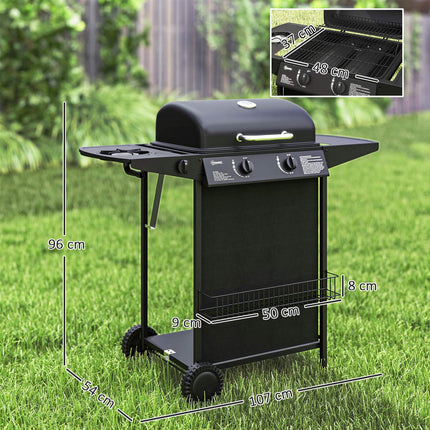 Gas grill with 3 burners and side burner, lid & shelf
