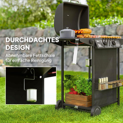 Gas grill with 3 burners and side burner, lid & shelf
