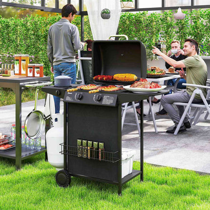Gas grill with 3 burners and side burner, lid & shelf