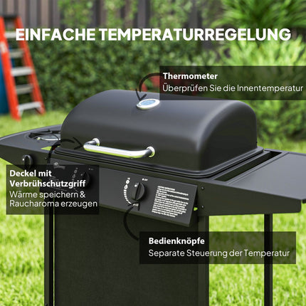 Gas grill with 3 burners and side burner, lid & shelf