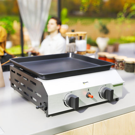 Gas grill with 2 burners & adjustable legs, 44x44.5x19 cm