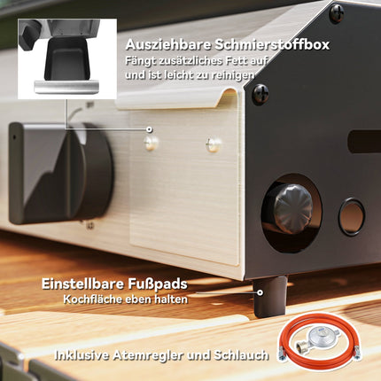 Gas grill with 2 burners & adjustable legs, 44x44.5x19 cm