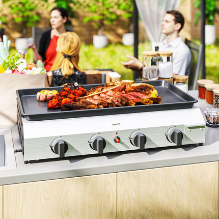 Gas grill with 4 burners, adjustable legs and hob