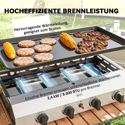 Gas grill with 4 burners, adjustable legs and hob