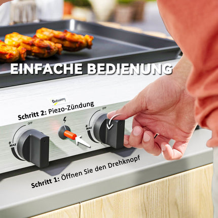 Gas grill with 4 burners, adjustable legs and hob