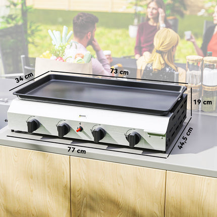 Gas grill with 4 burners, adjustable legs and hob