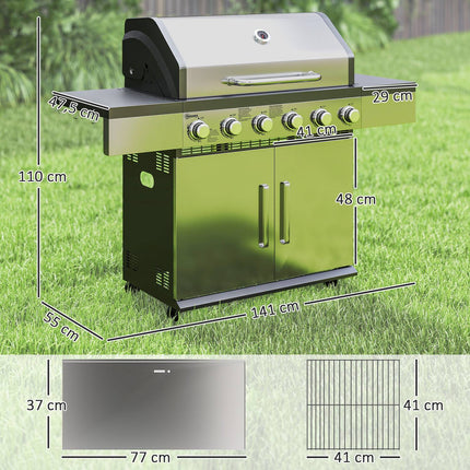 Gas grill with 6 burners, side shelves and thermometer