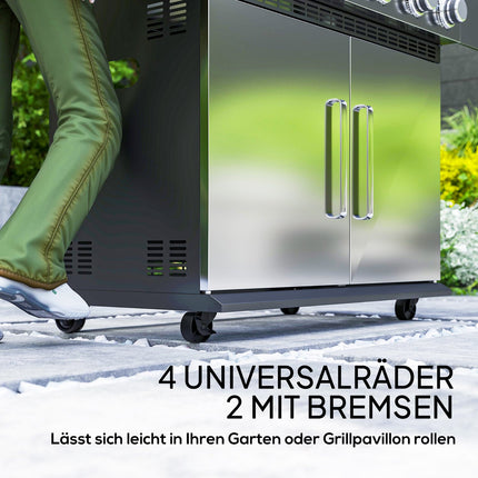 Gas grill with 6 burners, side shelves and thermometer