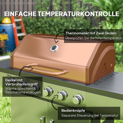Gas grill with 6 burners, side shelves and thermometer