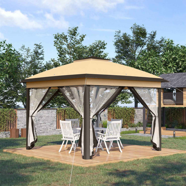 Tuinpaviljoen 3,3 x 3,3 m, waterafstotend winterbestendig pop-up vouwpaviljoen met dubbel dak, UV-bescherming, opvouwbare partytent tuintent met zijpanelen, zak tuinpaviljoen voor kampeertuin, beige