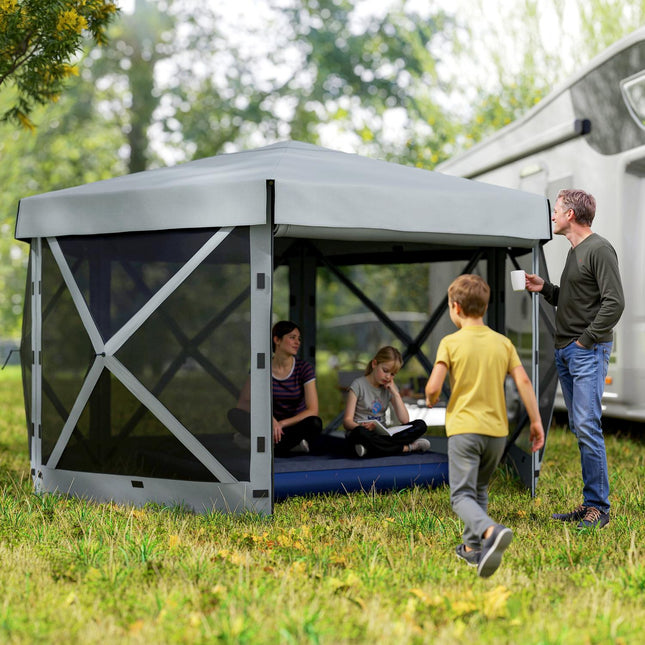 Tuinhuisje Zeshoekig Ca. 3,6x3m waterdicht pop-up vouwpaviljoen met 5 zijpanelen zak opvouwbare partytent UV 30+ winterbestendig tuintent tuinpaviljoen voor kamperen tuinfestival lichtgrijs Aosoom