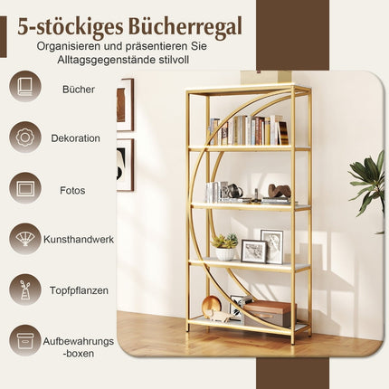 Geometric Bookshelf with Open Wood Shelves & Metal Frame