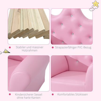 Pink soft armchair for girls with crystal buttons - ages 3+