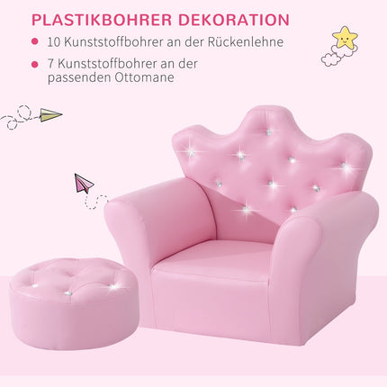 Pink soft armchair for girls with crystal buttons - ages 3+