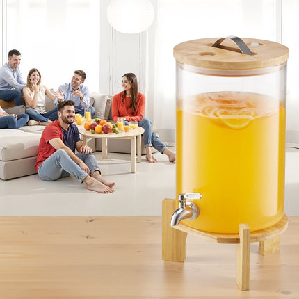 Glass Beverage Dispenser 8L, Wood Stand, Steel Spigot