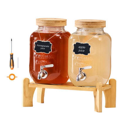 Glass Beverage Dispenser Set, 2 x 3.8L, Wood Stand, Spigot