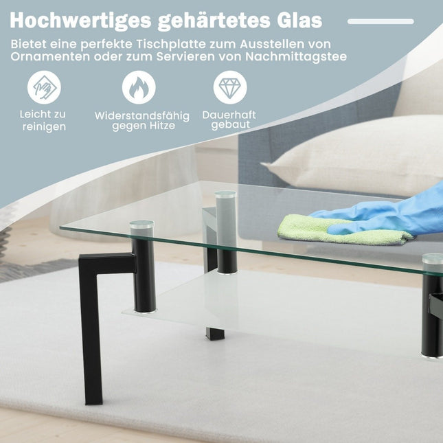 Glazen salontafel - 2-laags, gehard glas, zwart frame