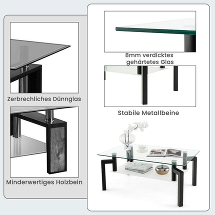 Glass Coffee Table – 2-Tier, Tempered Glass, Black Frame
