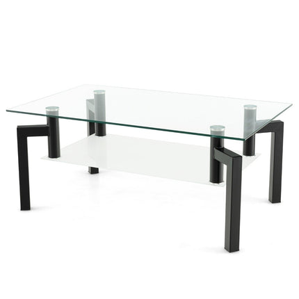 Glass Coffee Table – 2-Tier, Tempered Glass, Black Frame