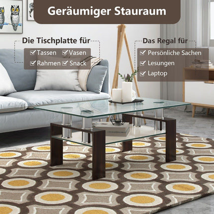 Glass Coffee Table with Shelf, 99.5 x 59.5 x 44.5 cm, Brown