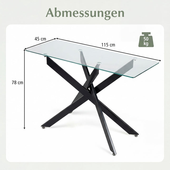 Glass Console Table, Tempered Glass Top, Metal Legs