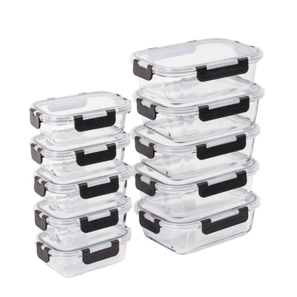 Glass Food Storage Containers, 10-Piece Set, Leak-Proof Lids