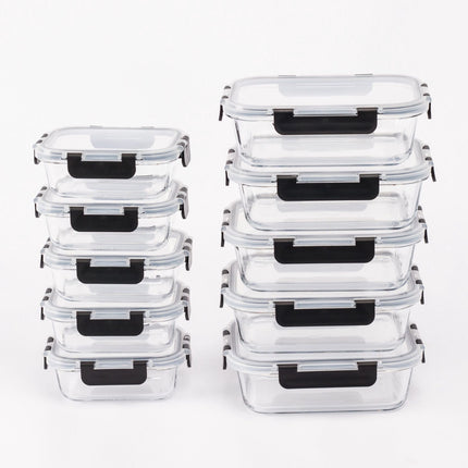 Glass Food Storage Containers, 10-Piece Set, Leak-Proof Lids