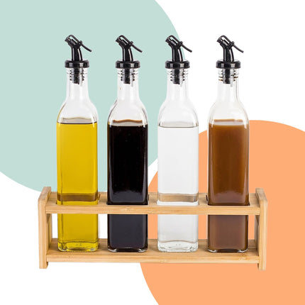 Glass Oil Bottle Set with Bamboo Holder – 4 Pack