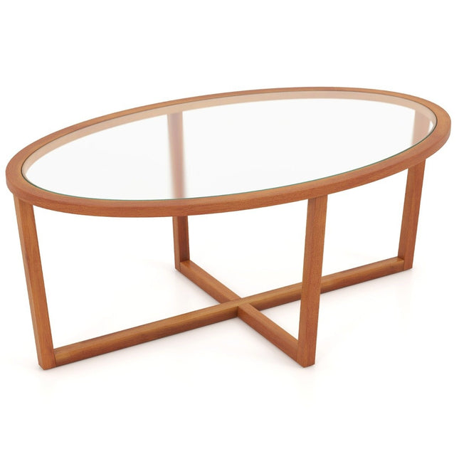 Glazen salontafel met kruisvoet en poten van acaciahout Moderne glazen bijzettafel