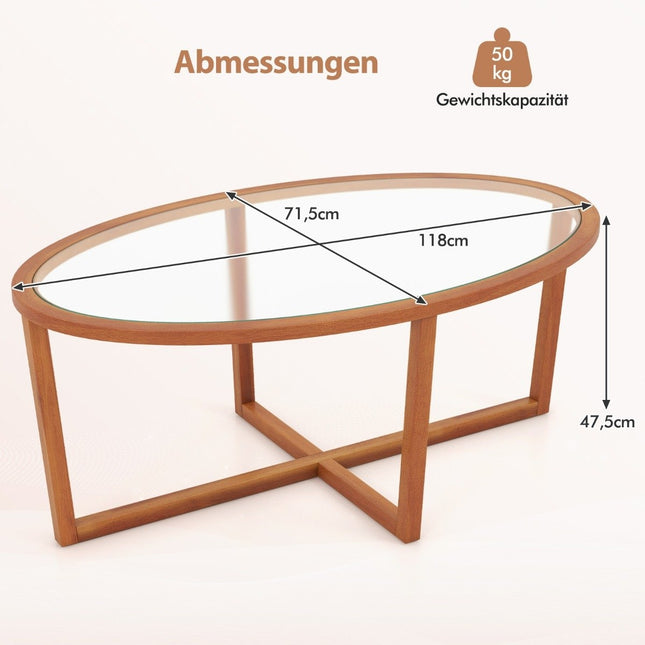 Glazen salontafel met kruisvoet en poten van acaciahout Moderne glazen bijzettafel