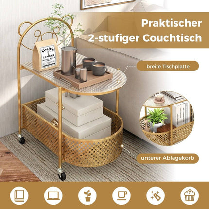 Glass side table with wheels 2-tier glass table with bear pattern 60 x 40 x 76 cm Golden