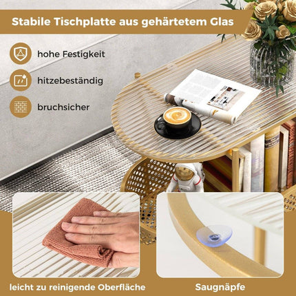 Glass side table with wheels 2-tier glass table with bear pattern 60 x 40 x 76 cm Golden