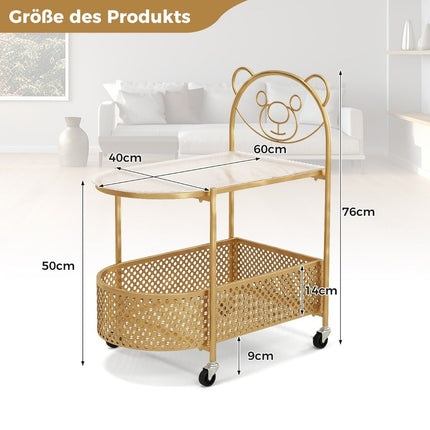 Glass side table with wheels 2-tier glass table with bear pattern 60 x 40 x 76 cm Golden