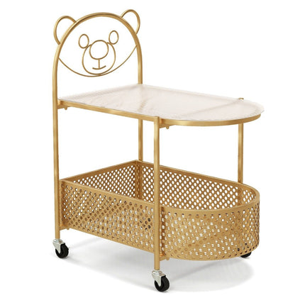 Glass side table with wheels 2-tier glass table with bear pattern 60 x 40 x 76 cm Golden